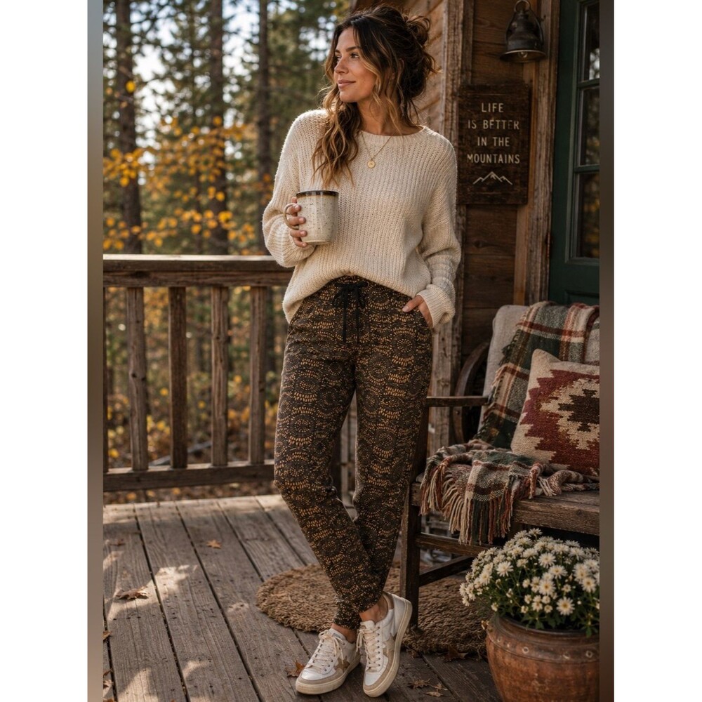 Free People Boho Printed Pants Brown Black linen pattern granola comfy